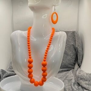 Vibrant Orange Beaded Necklace and Earring Set